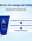 Aesthein ATP-NAD+ Synergy Velvet Cream highlighting skin vitality, hydration barrier protection, and firming care.