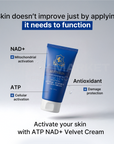 Diagram explaining mitochondrial and cellular activation via NAD+ and ATP for skin function improvement.