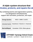 Triple-system structure table of Aesthein cream featuring NAD+, NMN, Glutathione, Ceramides, and CICA.