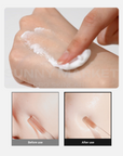 Comparison of skin before and after applying eclado Cell Memory Cream, showing visibly lifted, firmer, and hydrated skin with bouncy pudding-like texture
