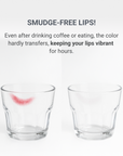 Smudge-free waterproof Morichae Lip Tattoo Tint Pack — comparison image showing no lipstick mark left on a glass after drinking coffee, demonstrating long-lasting color retention.