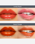 Before and after applying Morichae Lip Tattoo Tint Pack in Lovely Peach and Sweet Orange — highlighting soft, natural tint results with long-lasting staying power.