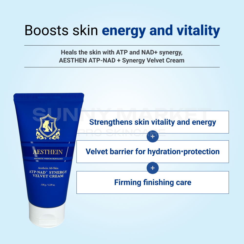 Aesthein ATP-NAD+ Synergy Velvet Cream highlighting skin vitality, hydration barrier protection, and firming care.