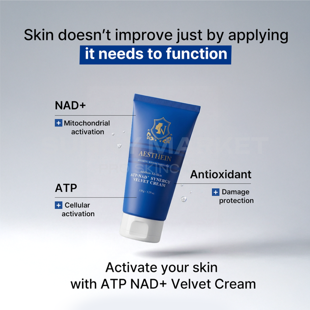 Diagram explaining mitochondrial and cellular activation via NAD+ and ATP for skin function improvement.