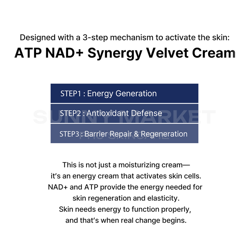 The 3-step skin activation mechanism of Aesthein Velvet Cream: Energy Generation, Antioxidant Defense, and Barrier Repair.