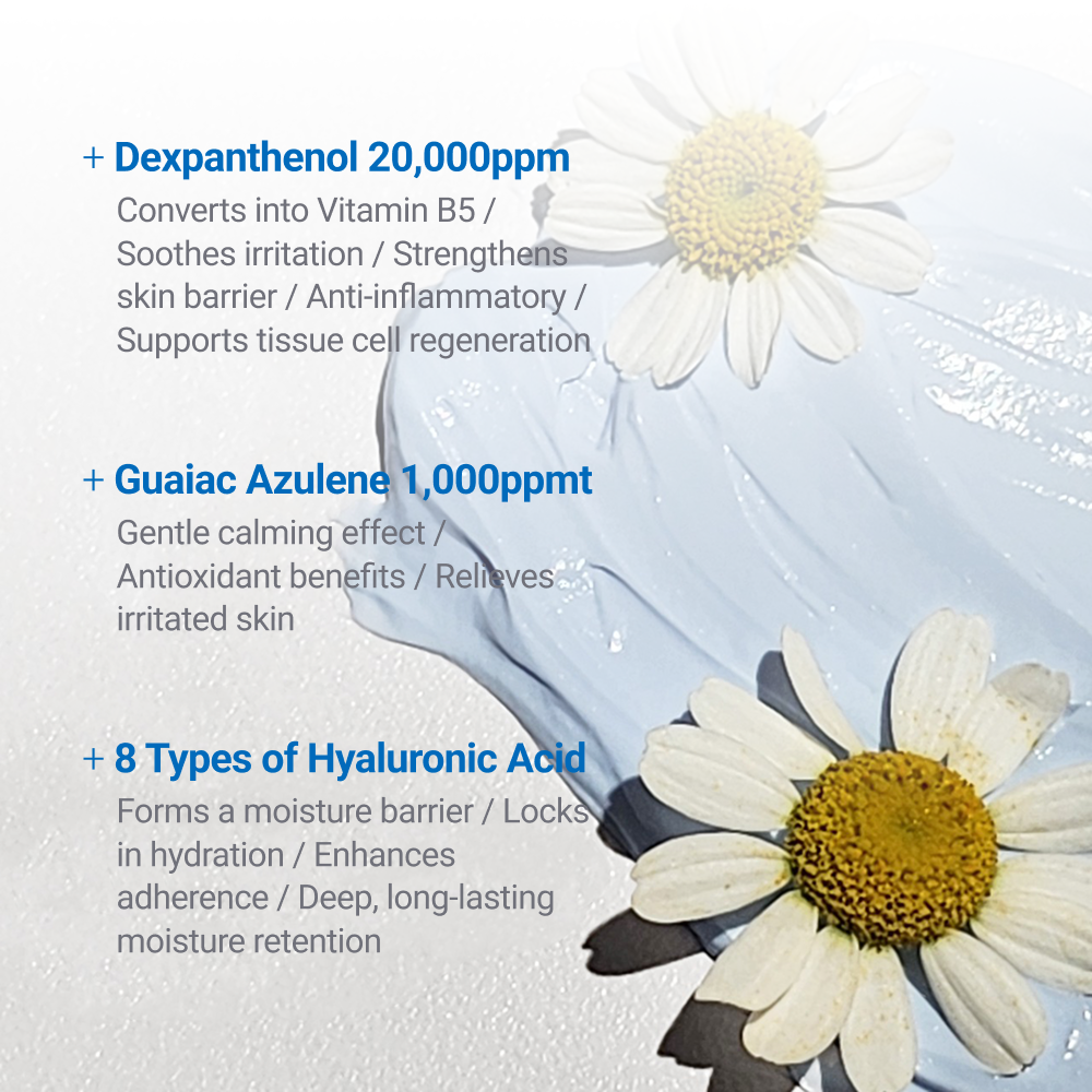 Soothing cream mask with Dexpanthenol 20,000ppm, Guaiazulene 1,000ppm, and 8 types of Hyaluronic Acid for barrier repair, calming, and deep hydration