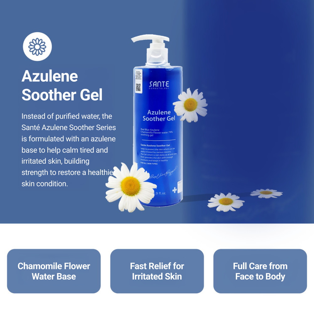 Santé Azulene Soother Gel — formulated with azulene base and chamomile flower water to calm irritated skin, provide fast relief, and deliver full care from face to body.