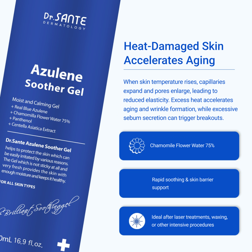Heat-damaged skin care with 75% chamomile flower water — rapidly soothes, supports the skin barrier, and helps after laser treatments, waxing, or intensive procedures.