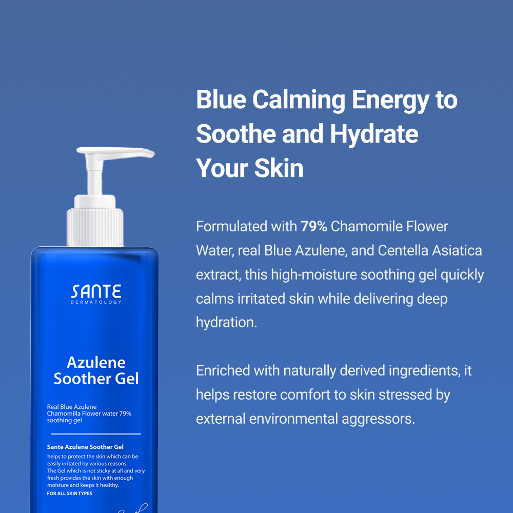 Azulene Soother Gel with 79% chamomile flower water, blue azulene, and centella extract — calms irritation, deeply hydrates, and restores skin stressed by environmental aggressors.