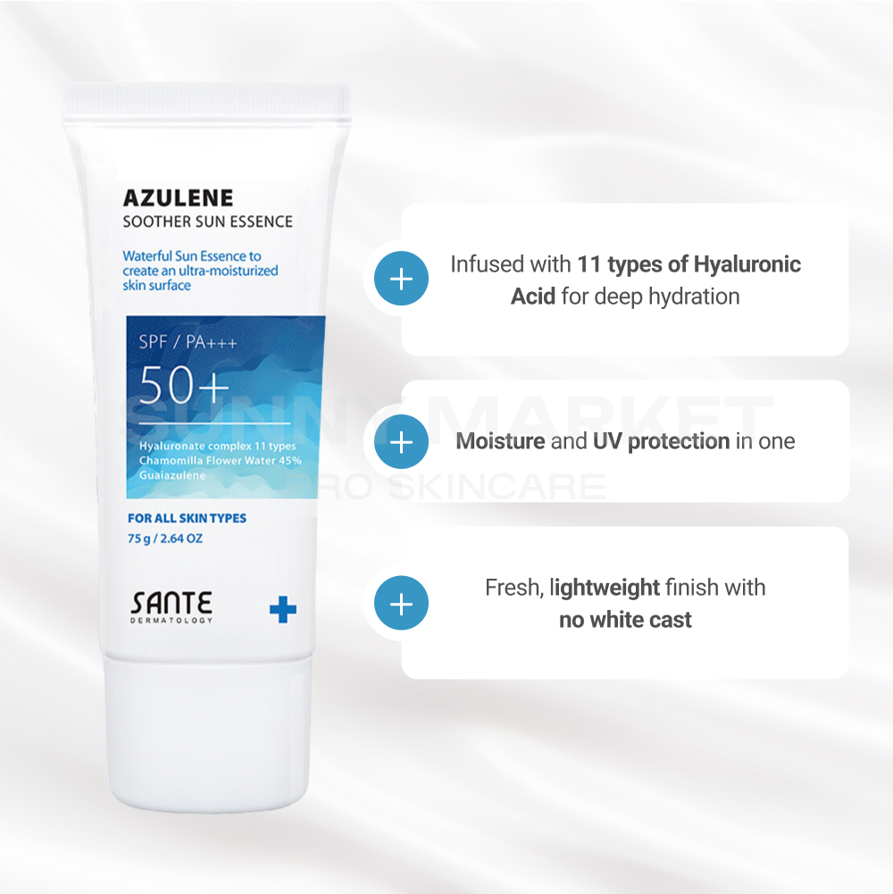 Dr. Santé Azulene Soother Sun Essence infused with 11 types of hyaluronic acid for deep hydration, offering moisture and UV protection in one with a fresh, lightweight finish and no white cast.