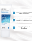Dr. Santé Azulene Soother Sun Essence infused with 11 types of hyaluronic acid for deep hydration, offering moisture and UV protection in one with a fresh, lightweight finish and no white cast.