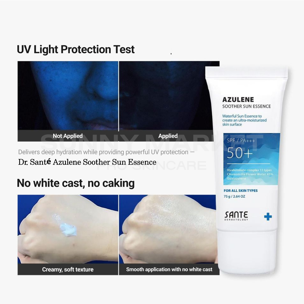 Dr. Santé Azulene Soother Sun Essence UV protection test — applied vs not applied, showing powerful UV defense with deep hydration, creamy soft texture, smooth application, and no white cast or caking.