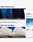 Dr. Santé Azulene Soother Sun Essence UV protection test — applied vs not applied, showing powerful UV defense with deep hydration, creamy soft texture, smooth application, and no white cast or caking.