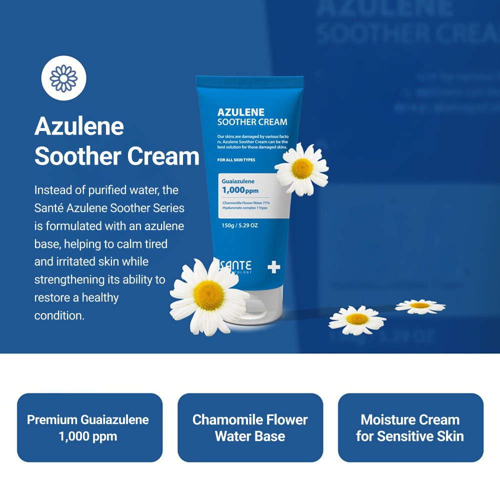 Azulene Soother Cream formulated with chamomile flower water base – premium Guaiazulene 1,000ppm calming cream for sensitive, irritated skin