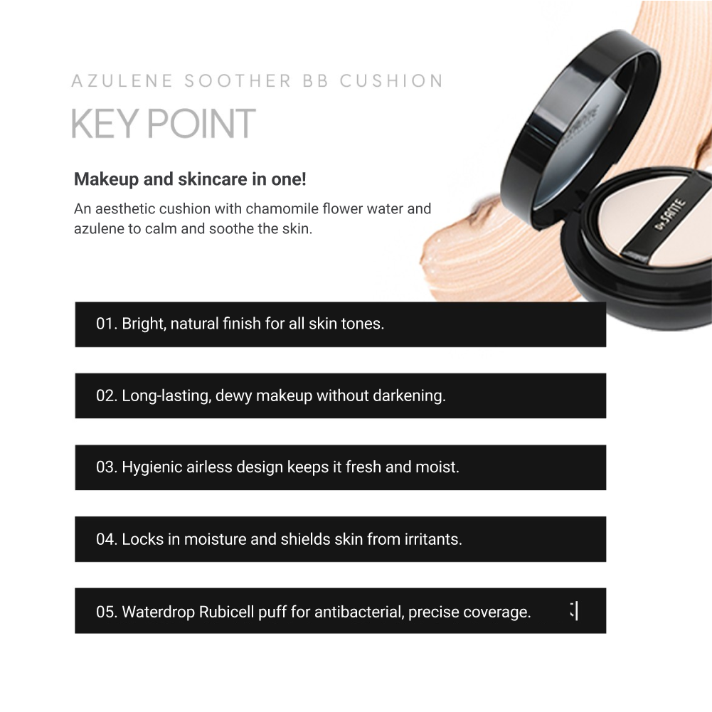 Dr.SANTE AZULENE SOOTHER BB CUSHION 15g + Refill 15g key points info card