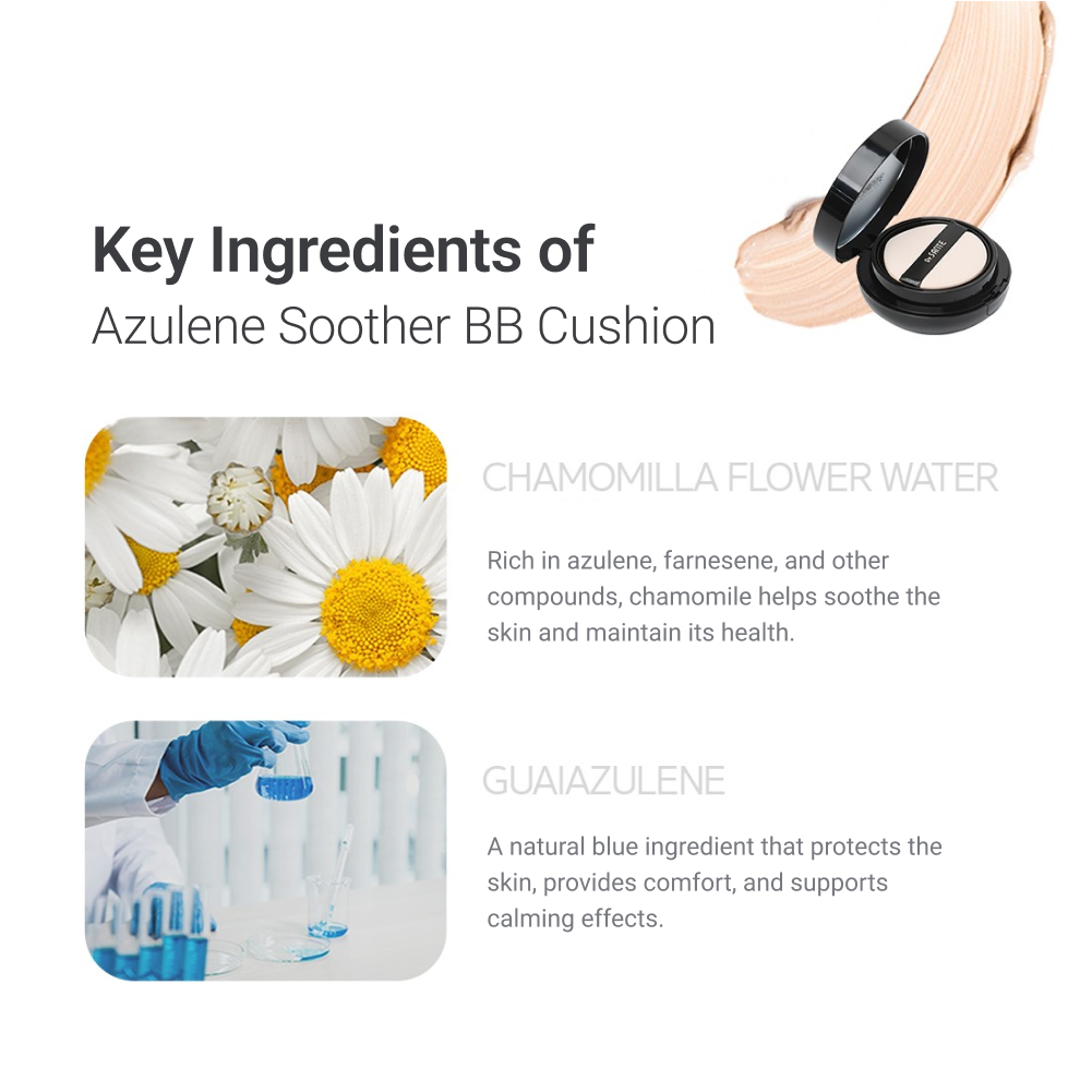 Dr.SANTE AZULENE SOOTHER BB CUSHION 15g + Refill 15g key ingredients info card