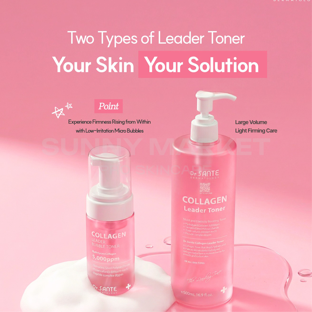 Dr.Sante Collagen Leader Toner duo featuring 500ml daily toner and 100ml bubble toner for low-irritation firming care.