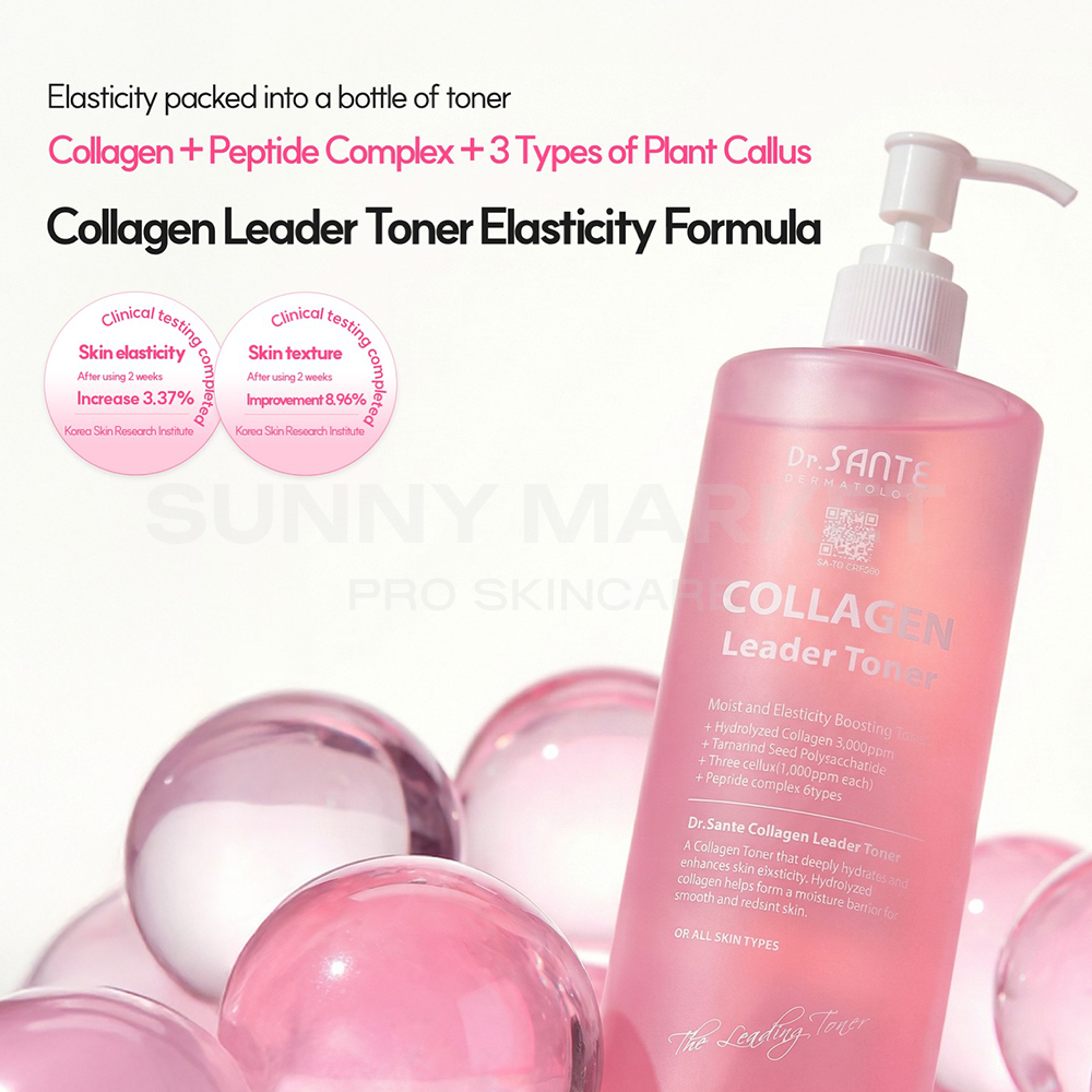 Clinical test results for Dr.Sante Collagen Toner showing +33.25% skin hydration and +54.04% radiance improvement.