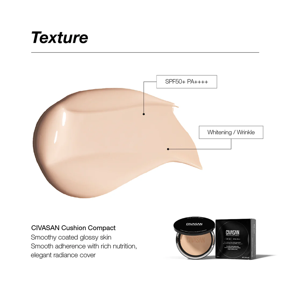 Smooth glossy skin finish with CIVASAN Cushion Compact, featuring SPF 50+ PA++++, brightening and wrinkle care, and elegant radiant coverage