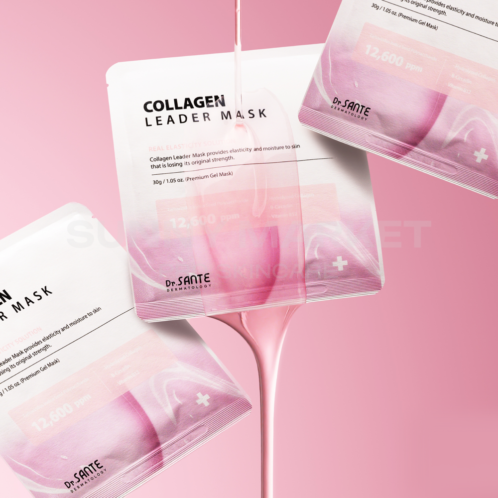 Visual representation of rich collagen essence flowing smoothly, symbolizing deep hydration and intensive collagen care of the Dr.Sante Collagen Leader Mask
