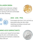 Foam cleanser with collagen 280Da, AHA LHA PHA, and amino acid surfactants for smooth skin