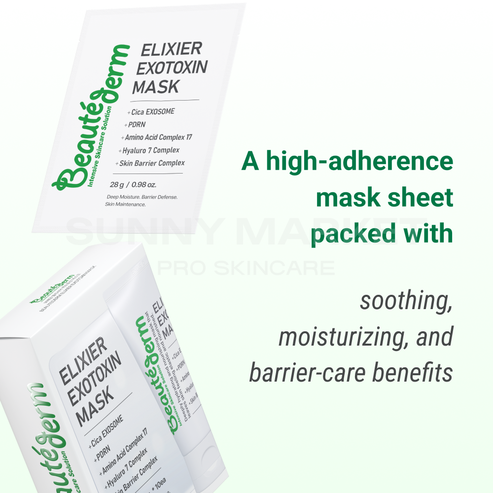 Beauteder Elixier Exotoxin Mask – high-adherence soothing sheet mask that deeply moisturizes and strengthens the skin barrier for healthy, glowing skin.