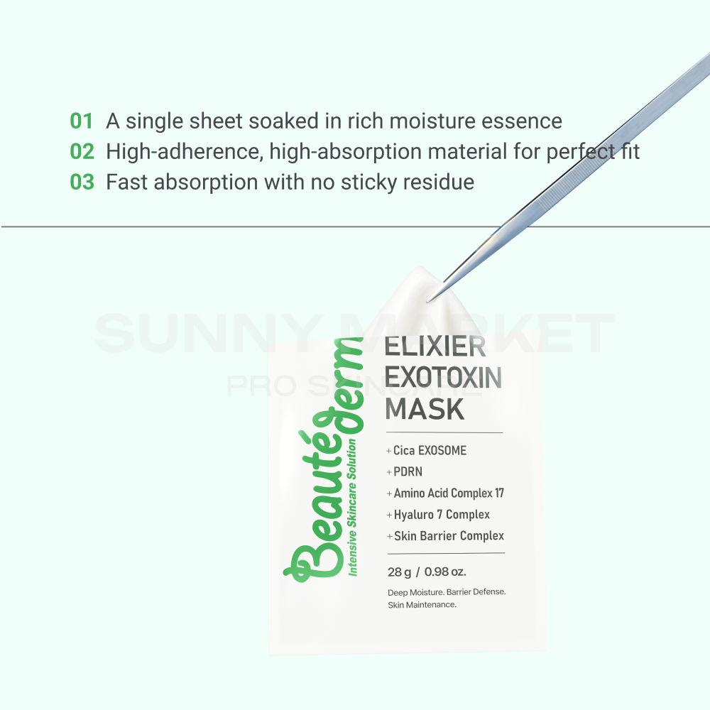 Beauteder Elixier Exotoxin Mask usage steps – rich essence absorption, high-adherence sheet, and non-sticky finish for sensitive skin care.