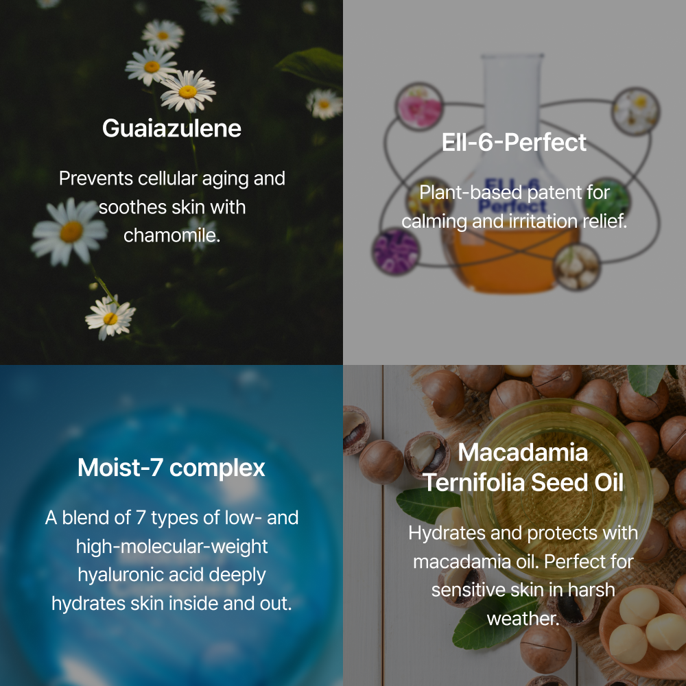 Key ingredients in Mahoe Azulene Cream including guaiazulene, Moist-7 complex, and chamomile extract