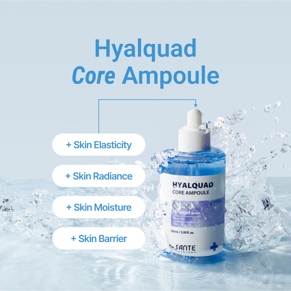 Highlights of Hyalquad Core Ampoule: improves skin elasticity, radiance, moisture, and strengthens the skin barrier.