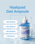 Highlights of Hyalquad Core Ampoule: improves skin elasticity, radiance, moisture, and strengthens the skin barrier.