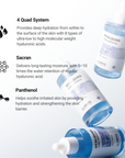 Illustration of 4 Quad System delivering deep hydration from ultra-low to high molecular weight hyaluronic acids, Sacran for long-lasting moisture, and Panthenol for soothing and barrier support.