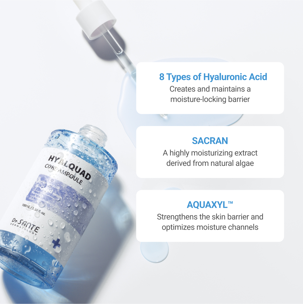 Highlight of 8 types of hyaluronic acid, Sacran, Aquaxyl™, Panthenol, Aqualicia, and Damask Rose Flower Water, emphasizing moisture-locking, barrier strengthening, soothing, and antioxidant properties.”