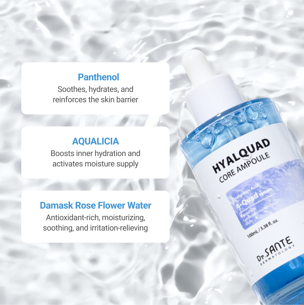 Highlight of 8 types of hyaluronic acid, Sacran, Aquaxyl™, Panthenol, Aqualicia, and Damask Rose Flower Water, emphasizing moisture-locking, barrier strengthening, soothing, and antioxidant properties.”