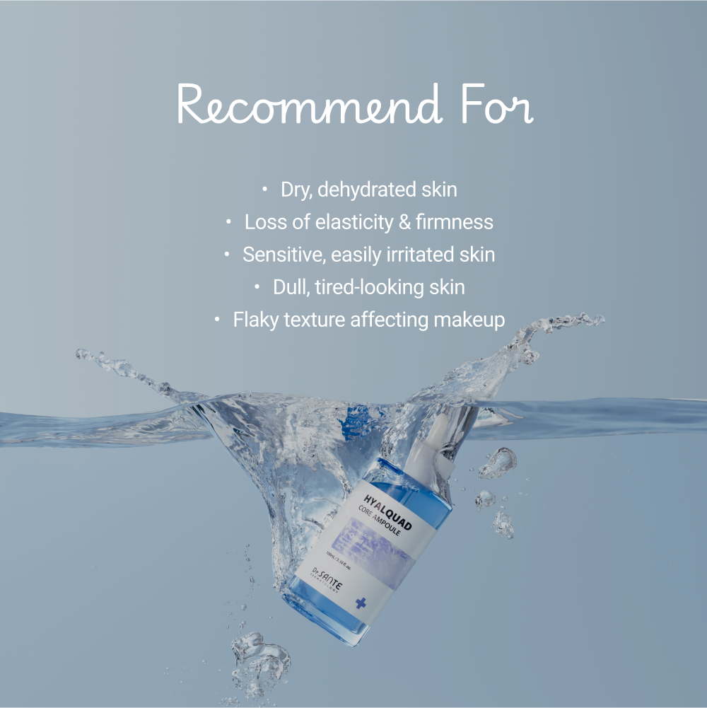 Target users: dry or dehydrated skin, loss of elasticity and firmness, sensitive or easily irritated skin, dull or tired-looking skin, and flaky skin affecting makeup application.