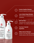 GRAMIX Premium Graphine Shampoo collection featuring patented graphene formula. Gentle cleansing and nourishment for scalp and hair, made with 96% naturally derived ingredients. All-in-one care that works without conditioner, free from 5 harmful ingredients, and mildly acidic pH for balanced, healthy scalp.
