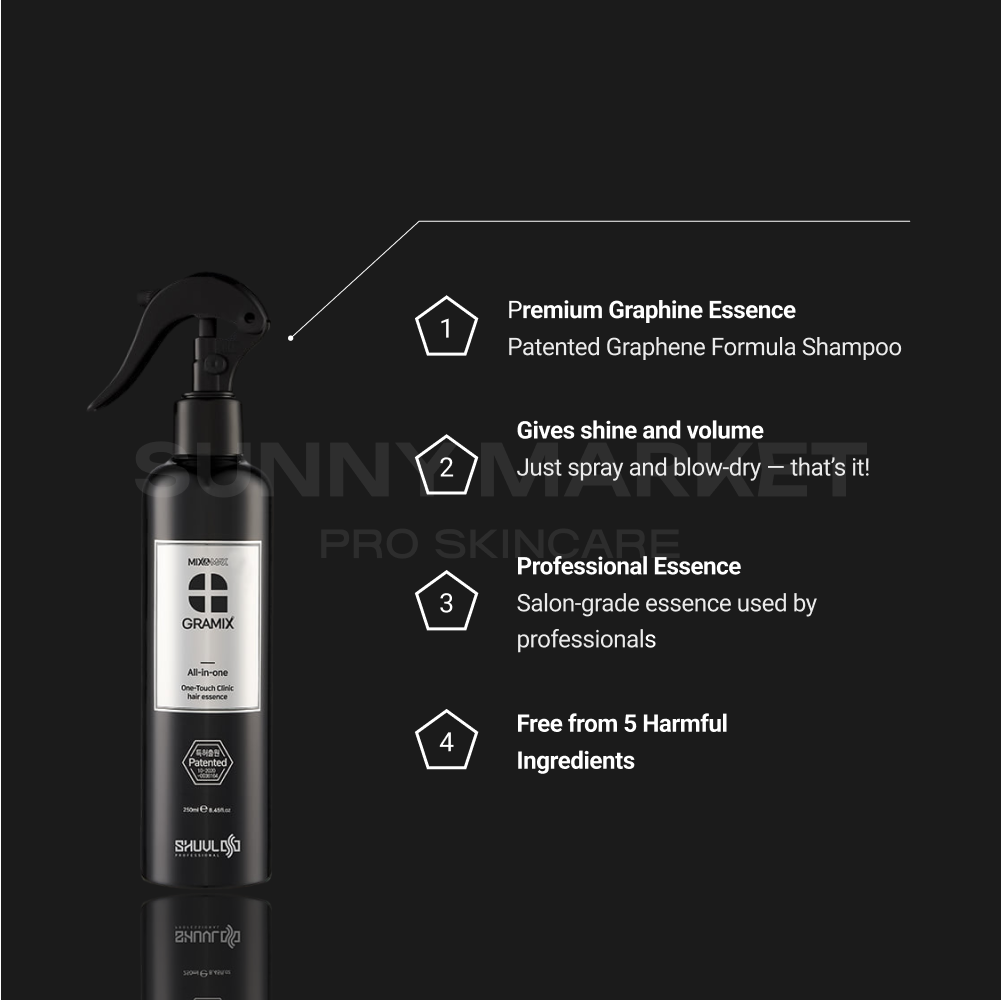 GRAMIX Premium Graphine Essence for shine and volume, featuring salon-grade professional formula. Easy spray-and-blow application, safe for all hair types, and free from 5 harmful ingredients for healthy, silky hair