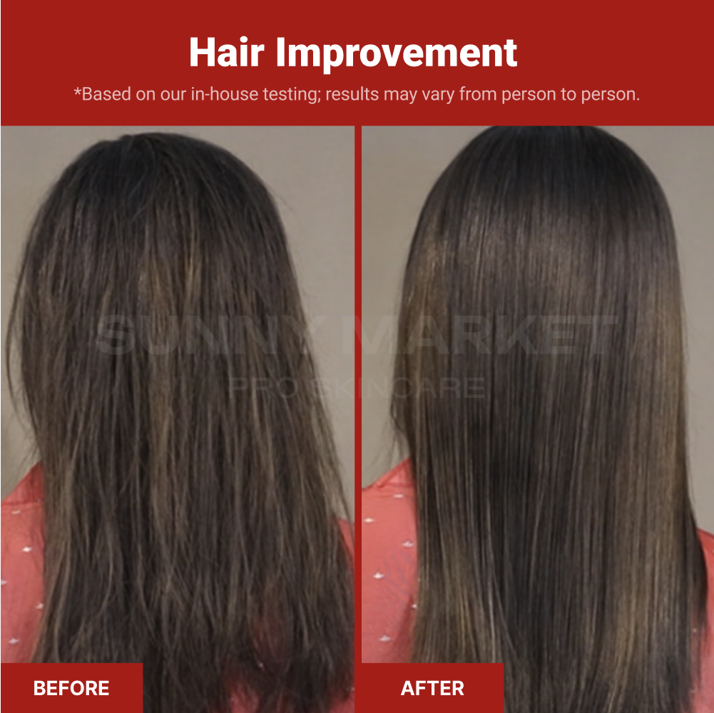 Visual showing hair improvement effects: strengthened strands, reduced breakage, and healthier-looking hair