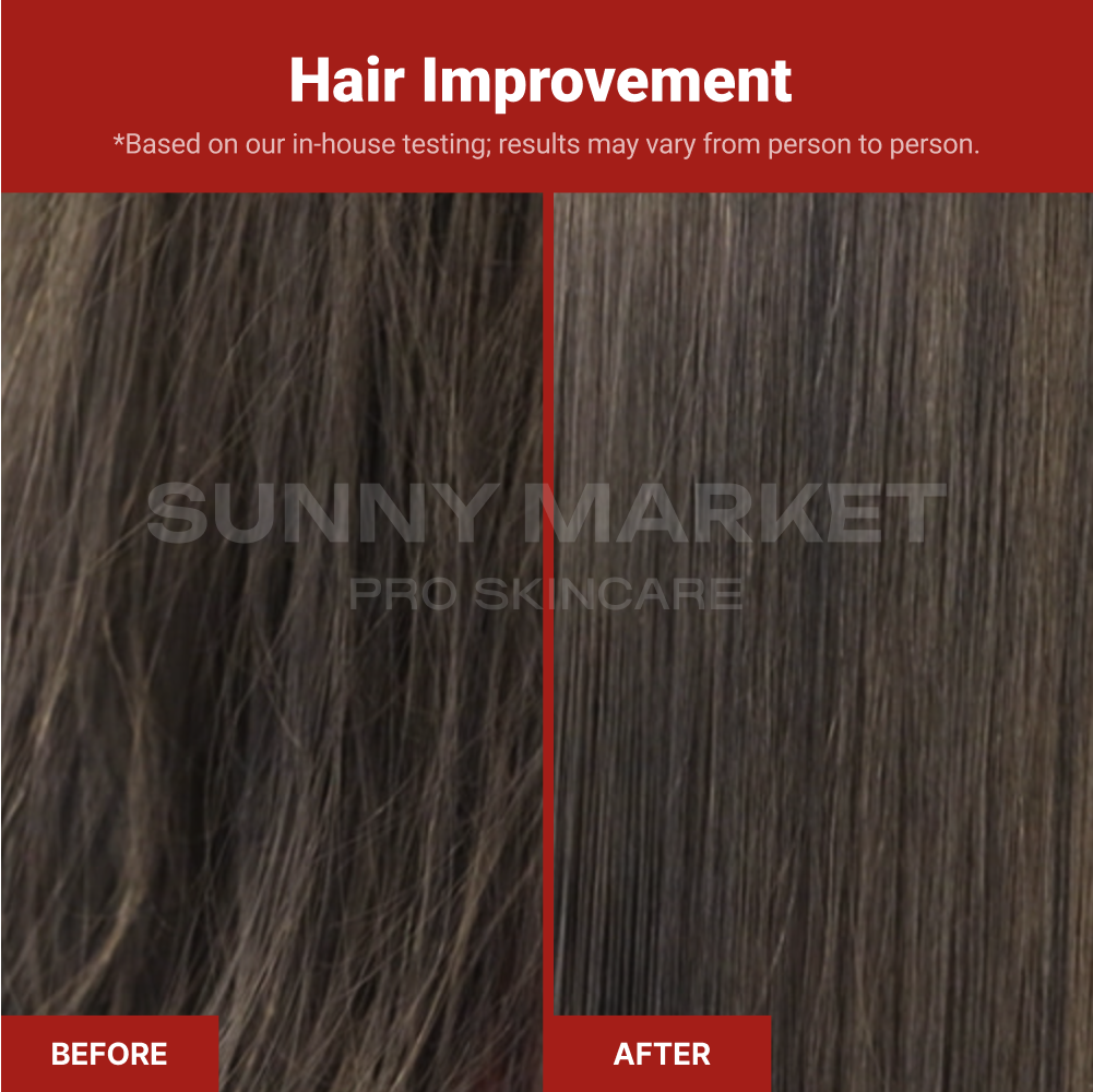 Visual showing hair improvement effects: strengthened strands, reduced breakage, and healthier-looking hair