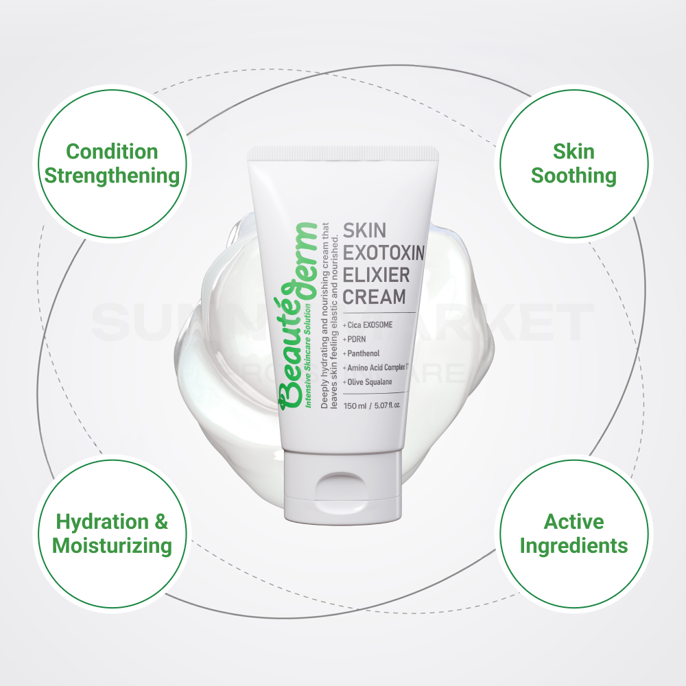 Beauteder Exotoxin Elixier Cream active ingredients section highlighting soothing, hydrating, and condition-strengthening effects for sensitive skin.