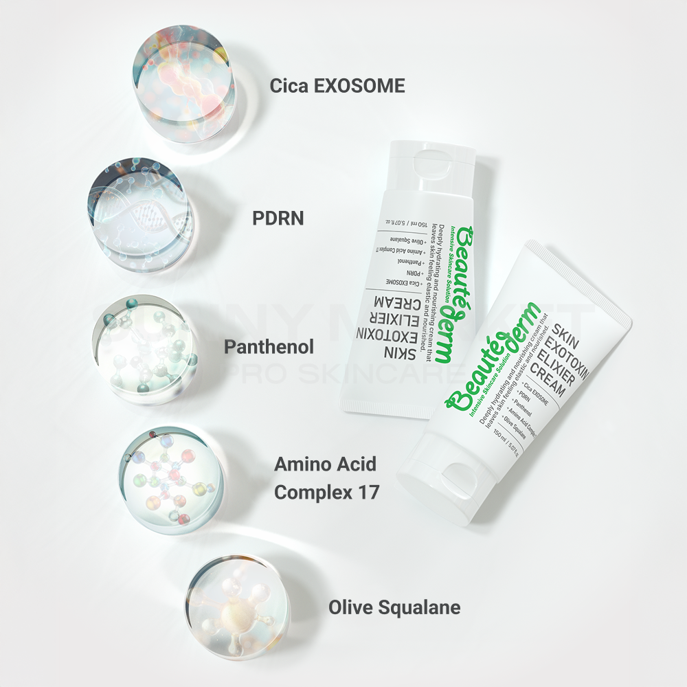 Beauteder Exotoxin Elixier Cream ingredients – Cica Exosome, PDRN, Panthenol, 17 Amino Acid Complex, and Olive Squalane for skin repair and deep hydration.