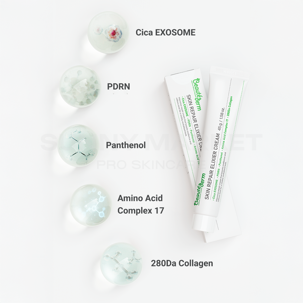 Beauteder Skin Elixier Repair Cream ingredients – Cica Exosome, PDRN, Panthenol, 17 Amino Acid Complex, and 280Da Collagen for hydration and skin repair.