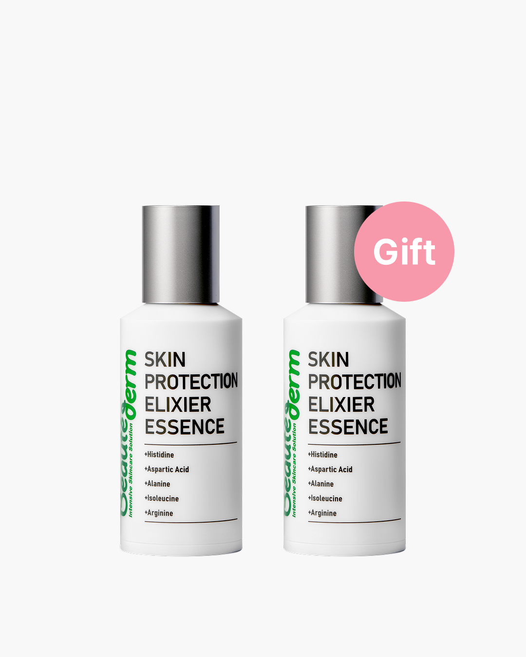Two bottles of 'Skin Protection Elixer Essence' with a 'Gift' label on a white background