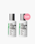 Two bottles of 'Skin Protection Elixer Essence' with a 'Gift' label on a white background