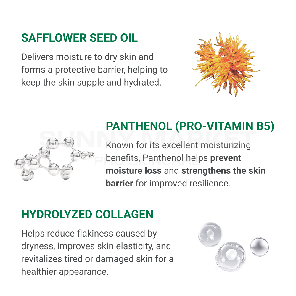Beauteder Skin Protection Essence ingredients – Safflower Seed Oil, Panthenol (Pro-Vitamin B5), and Hydrolyzed Collagen for deep hydration and strengthened skin barrier.