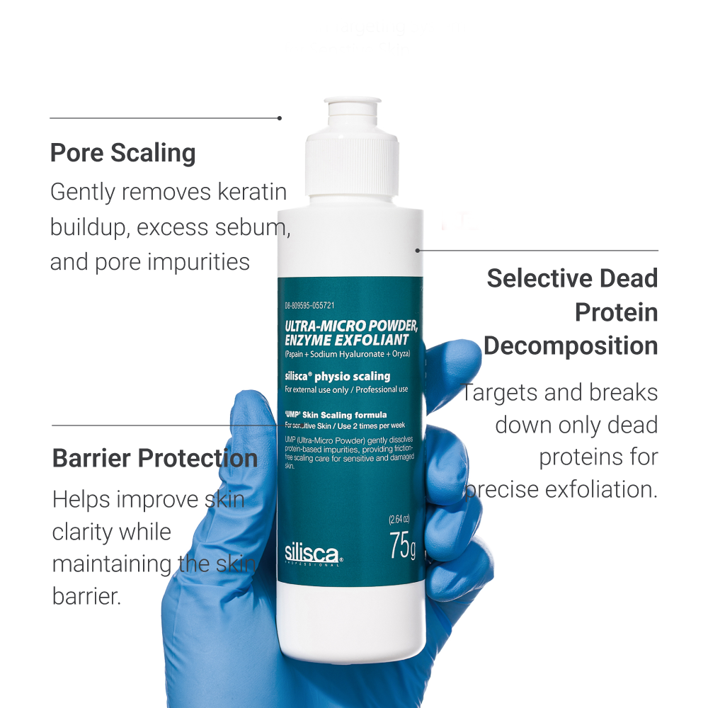 Enzyme exfoliant powder removing keratin buildup, excess sebum, and pore impurities