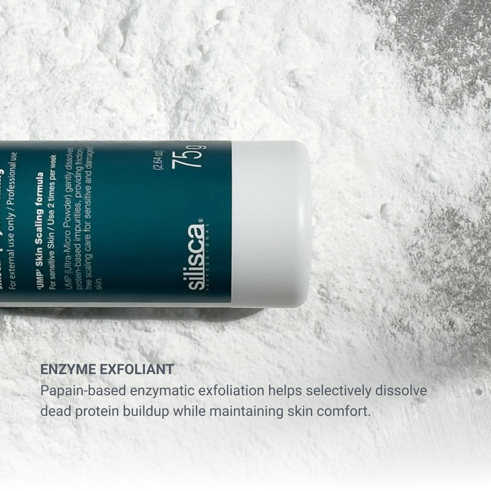 Papain enzyme exfoliant powder dissolving dead skin cells while protecting the skin barrier