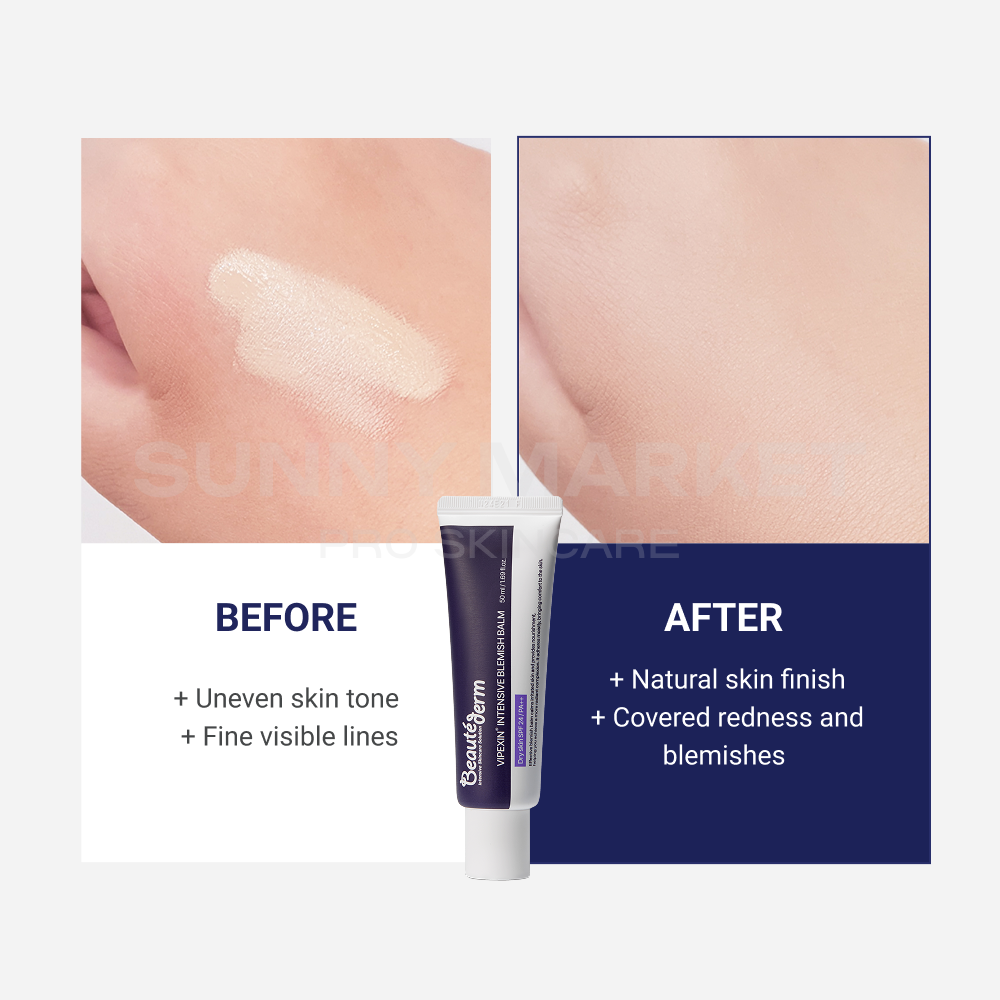 Beauteder Vipexin Intensive Blemish Balm before and after comparison showing smoother texture, improved skin tone, and natural coverage of blemishes and fine lines