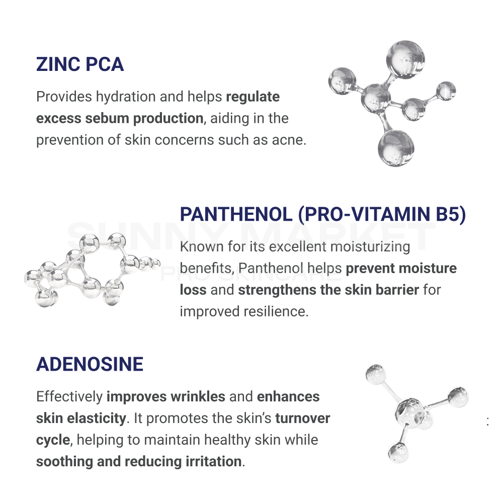 Beauteder Vipexin Intensive Blemish Balm ingredients: Zinc PCA for sebum control and hydration, Panthenol to strengthen the skin barrier, and Adenosine to improve wrinkles and elasticity