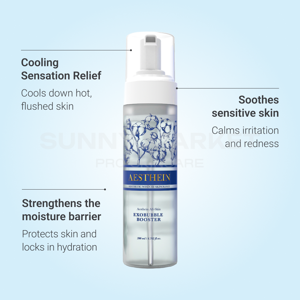 Key benefits of AESTHEIN Exo Bubble Booster – soothes sensitive skin, hydrates deeply, strengthens skin barrier, and supports scalp care