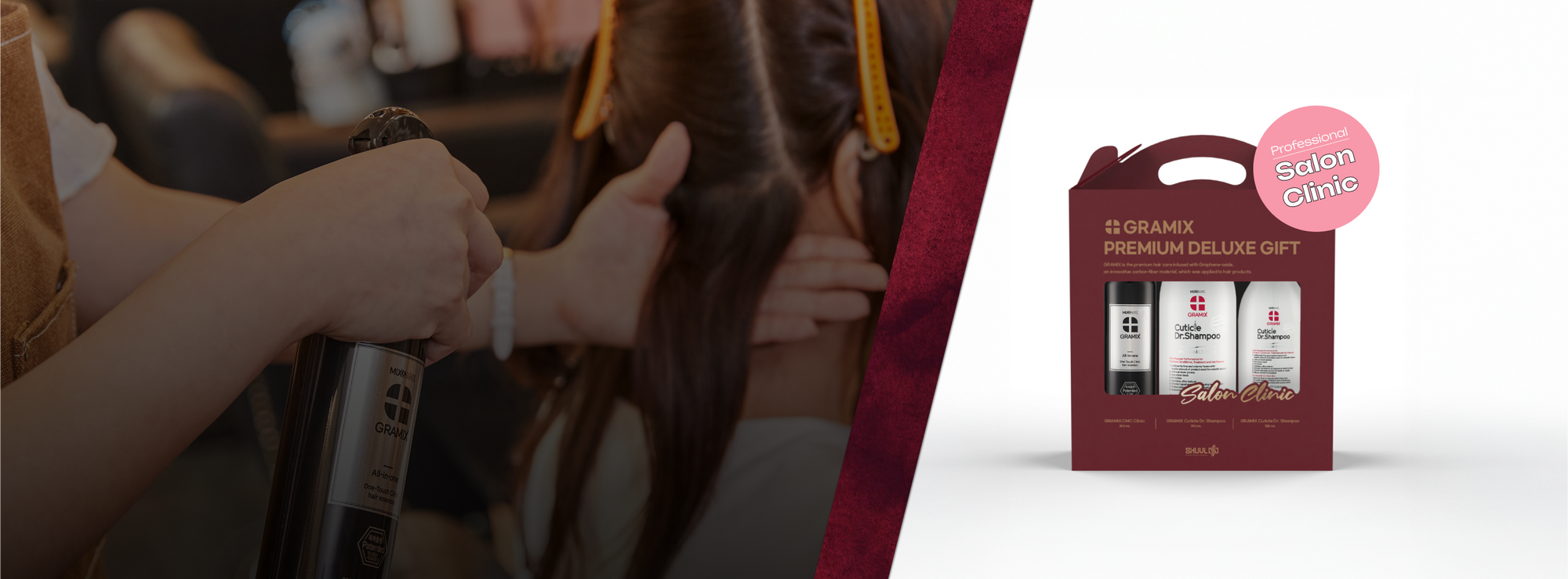 GRAMIX Cuticle Dr. Shampoo banner showing before and after results: soothes scalp, balances oil and moisture, strengthens hair, adds shine, and removes fine dust effectively